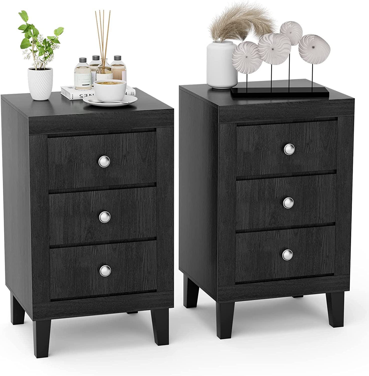 Giantex Nightstand with 3 Drawers, 26.5" Wood End Side Table w/Handles & Rubber Solid Wood Legs