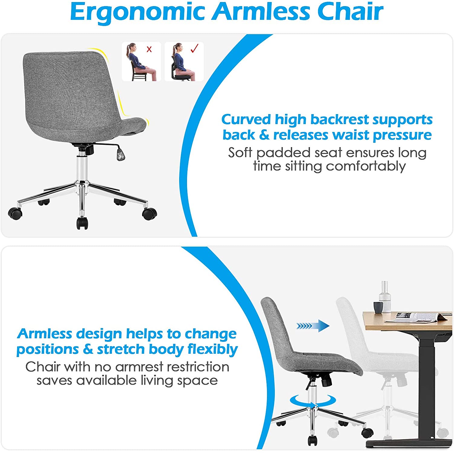Modern Home Office Chair, Fabric Armless Leisure Chair
