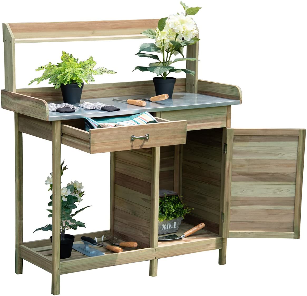 Potting Bench Table for Outside Natural Wood Garden Plant Lawn Patio Table