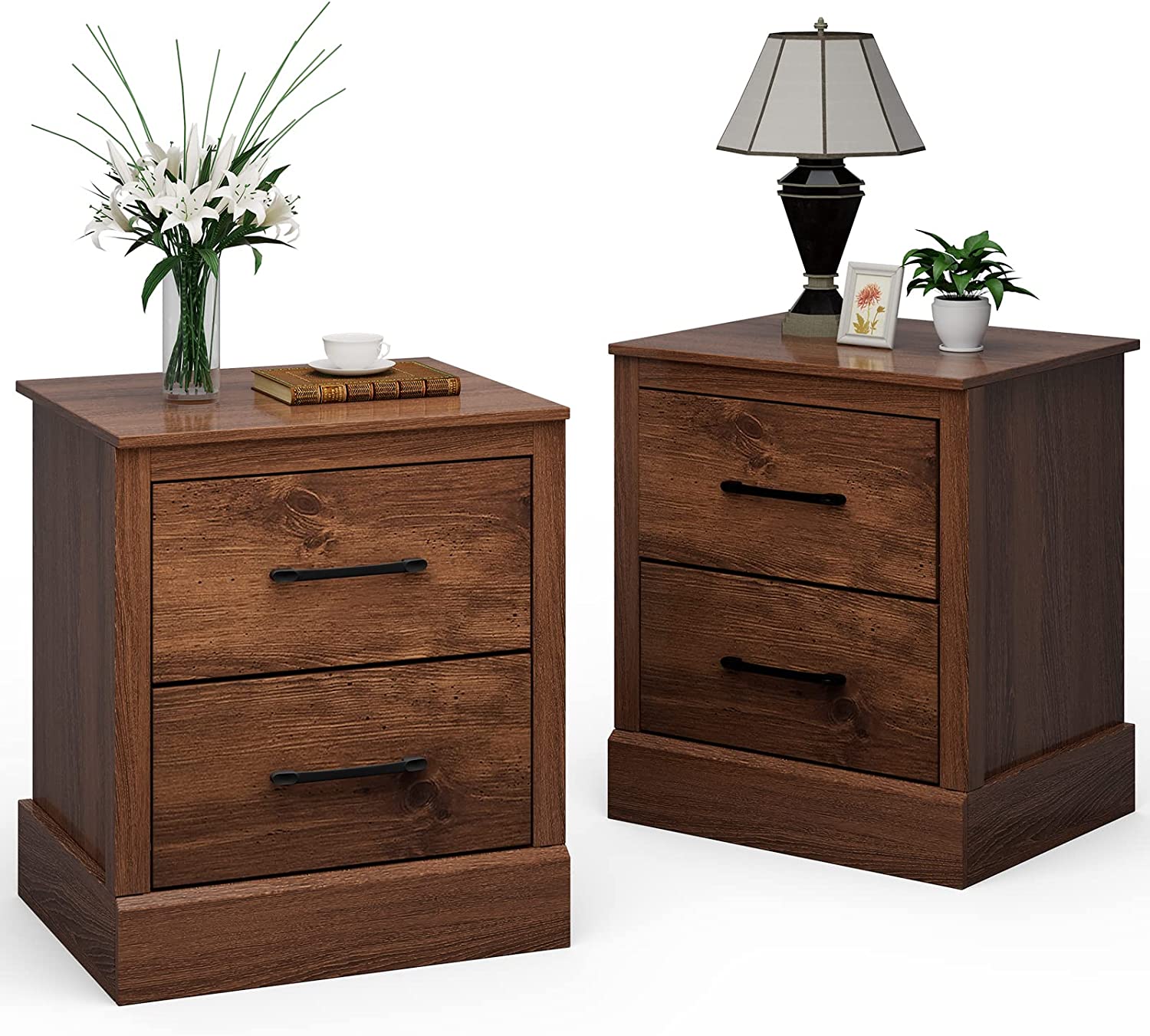Giantex Farmhouse Nightstand Set of 2, Wood Bedside Table with 2 Storage Drawers