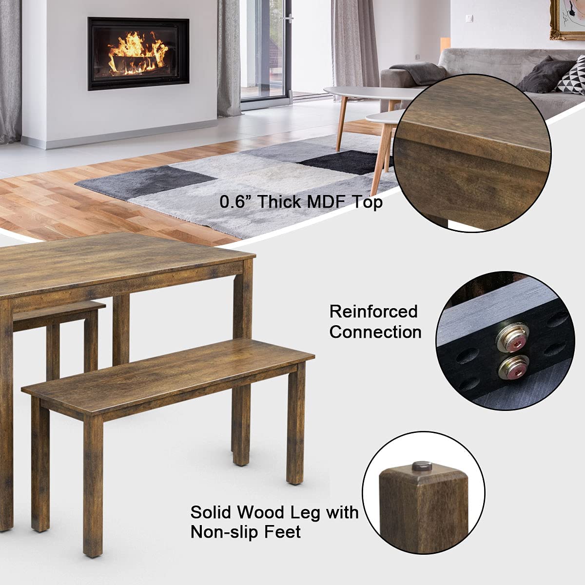 Wooden 3 Pcs Kitchen Dining Room Furniture for 4, Modern Studio Collection Table Set with 2 Benches, Dinette Set (Coffee Brown)