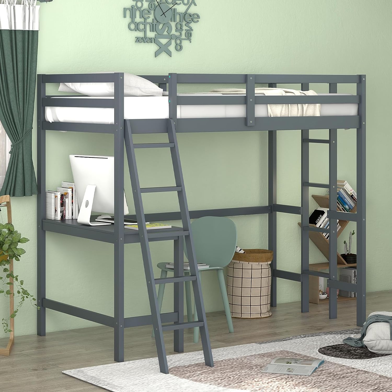 Giantex Twin Size Loft Bed with Desk, Solid Wood Loft Bed with 2 Ladders & Full Length Guardrail