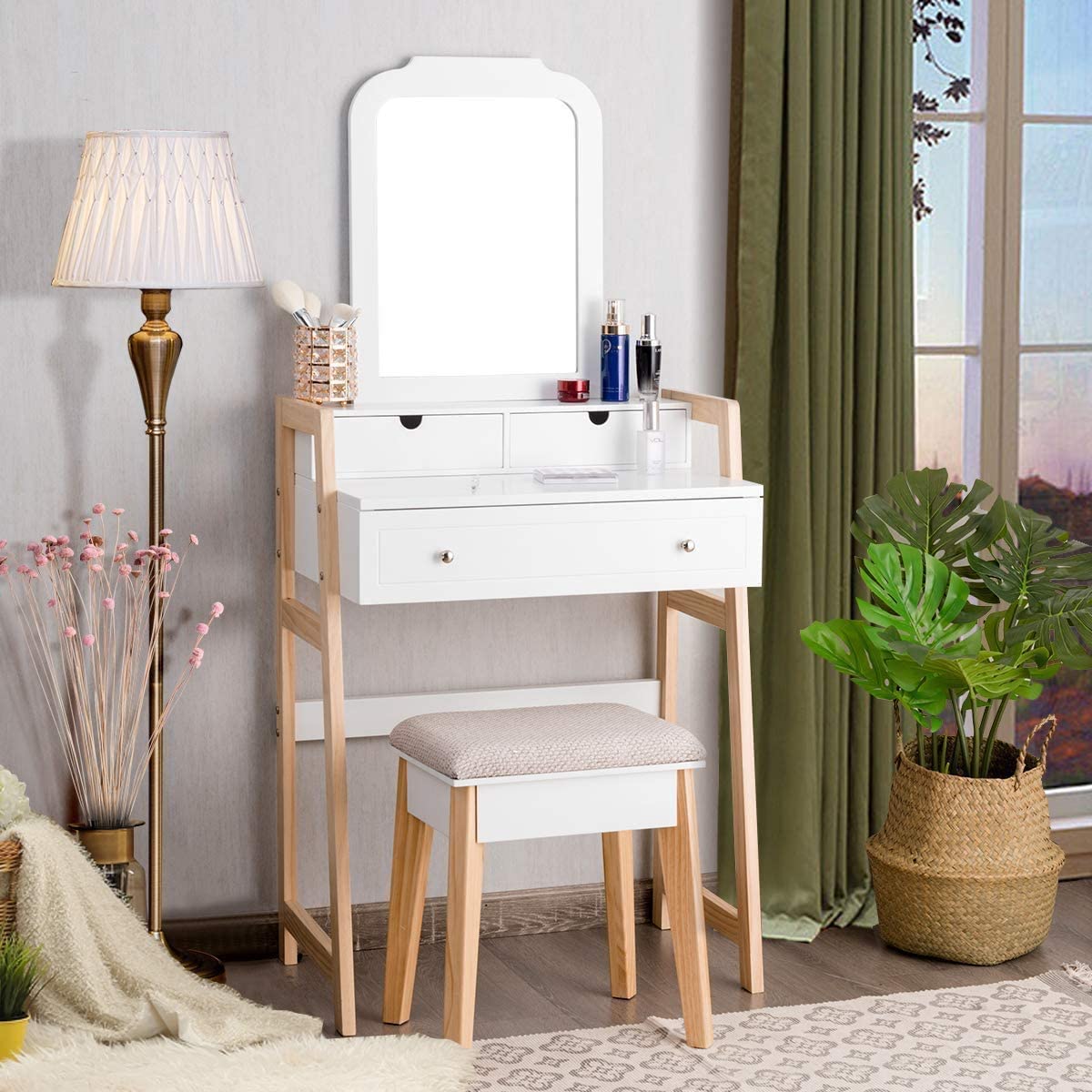 CHARMAID Vanity Set with 2-Tier Tabletop & 3 Drawers, 25inch Dressing Table with Large Mirror and Cushioned Stool - Giantexus