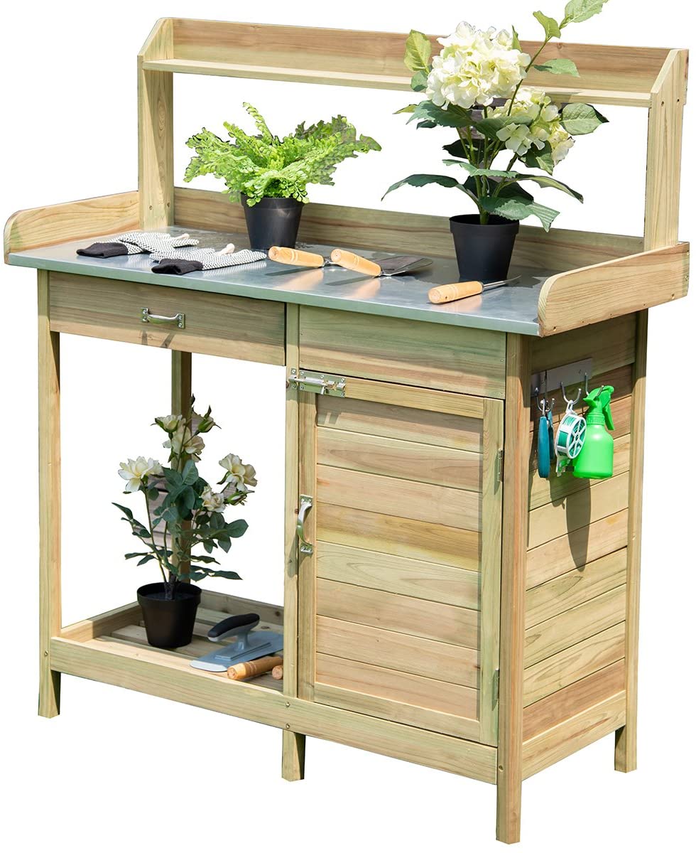 Potting Bench Table for Outside Natural Wood Garden Plant Lawn Patio Table