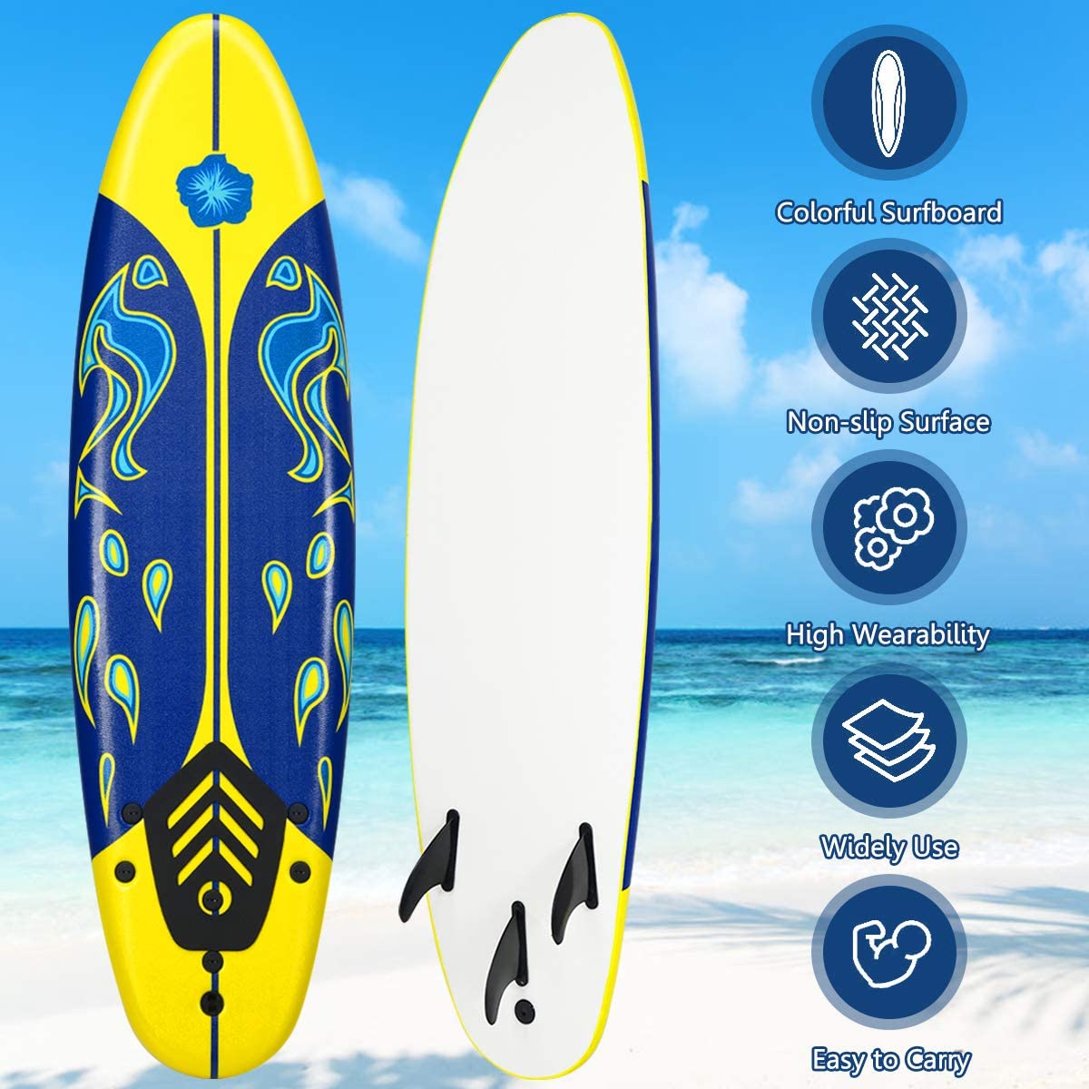 Giantex Surfboard, 6 Ft Stand Up Surfing Board w/ 3 Detachable Fins - Giantexus