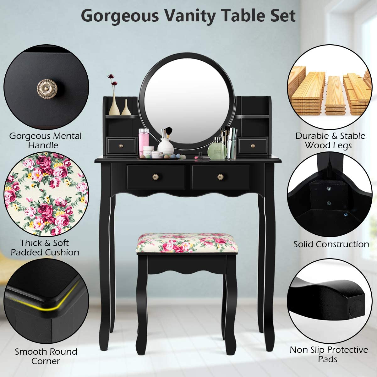 CHARMAID | Vanity Set with 4 Storage shelves and 4 Drawers, Makeup Table with 360?? Pivoted Round Mirror and Makeup Organizers - Giantexus