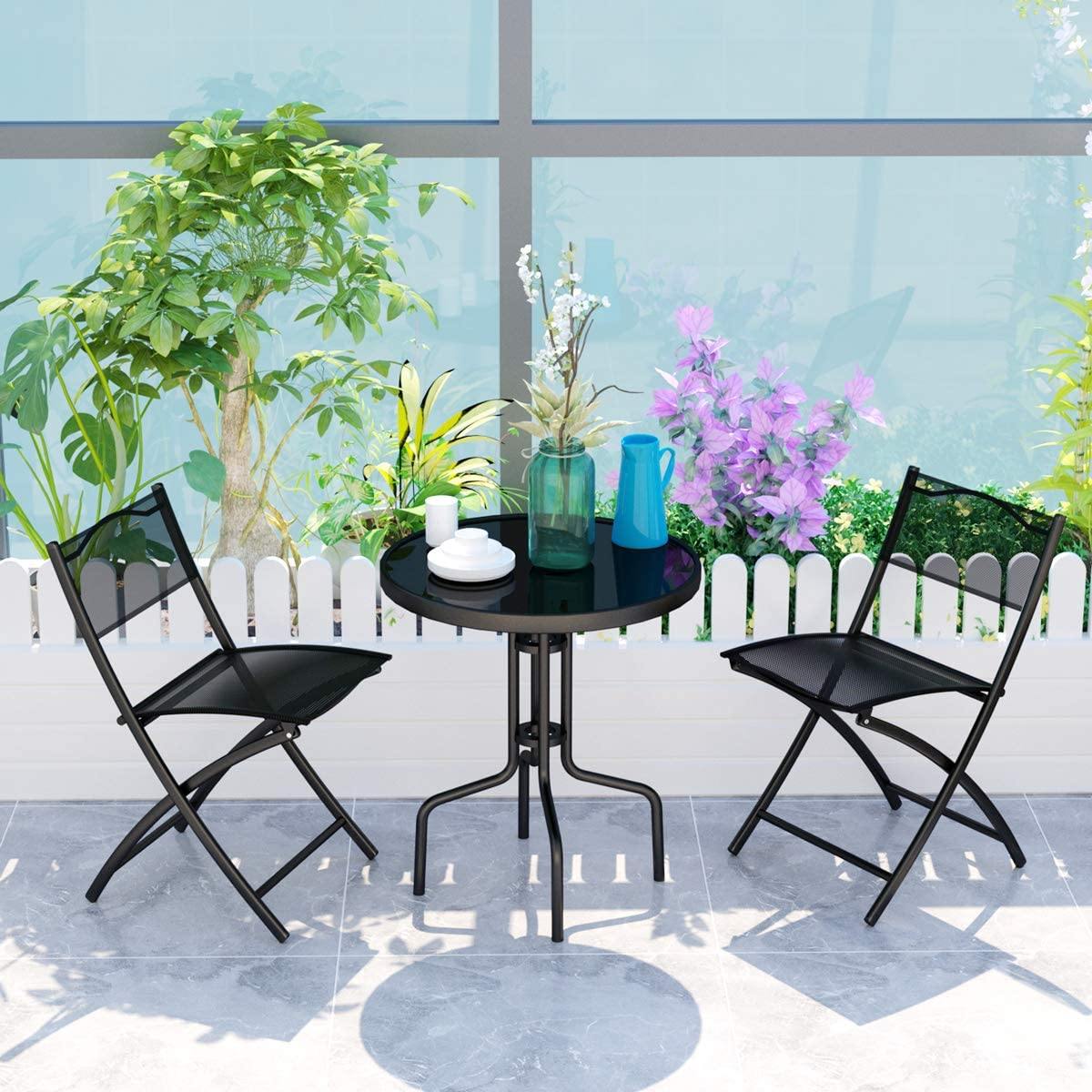 3 Pcs Bistro Set Garden Backyard Round Table Folding Chairs - Giantexus