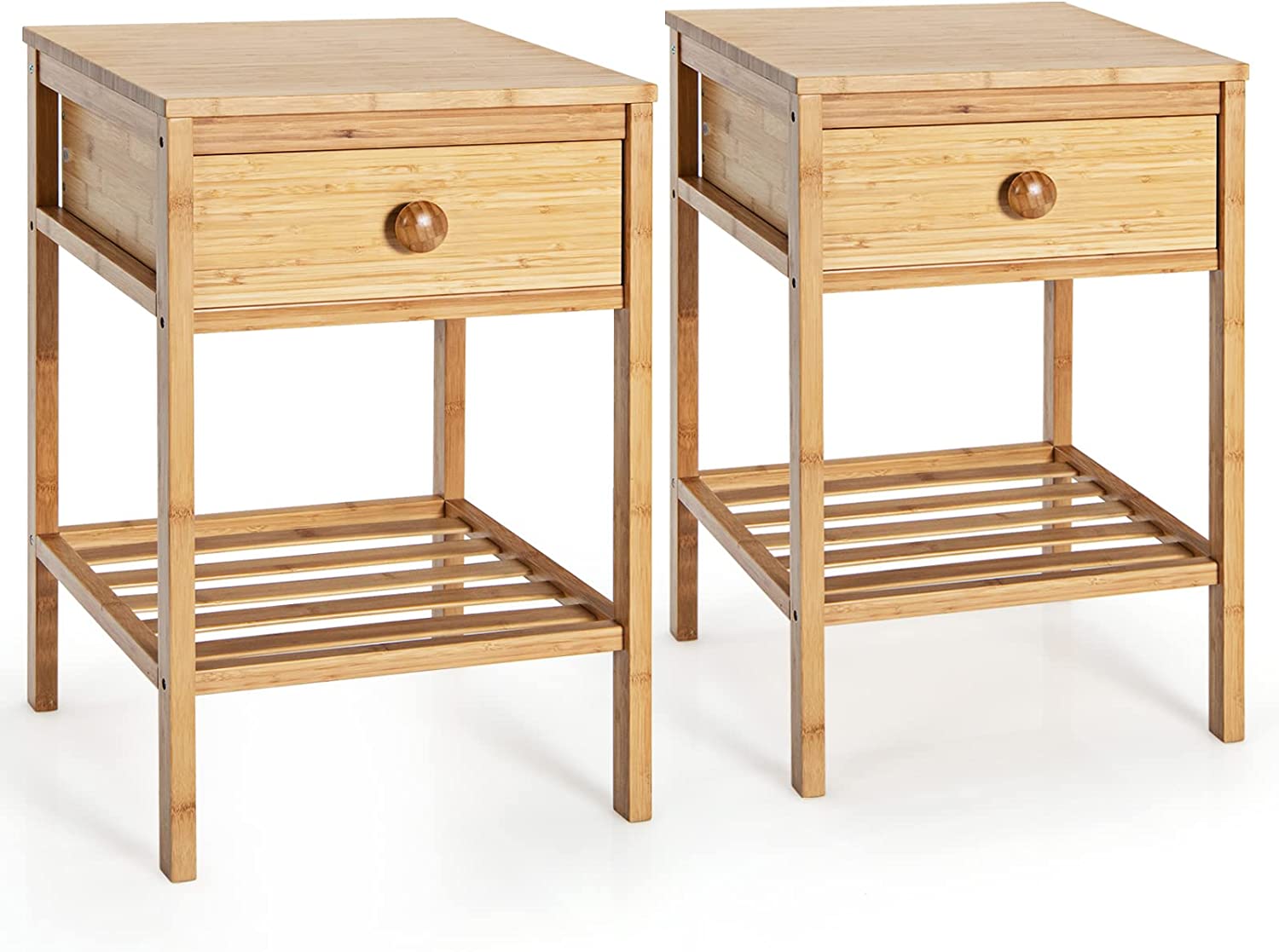 Giantex Nightstand Bamboo Bedside Table with Drawer, Open Shelf, Multifunctional Side Table
