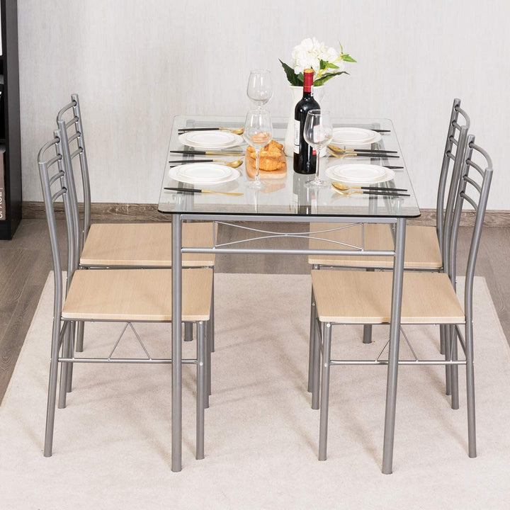 Giantex 5 Piece Dining Table Set, Kitchen Dining Set with Tempered Glass Table Top and 4 Chairs