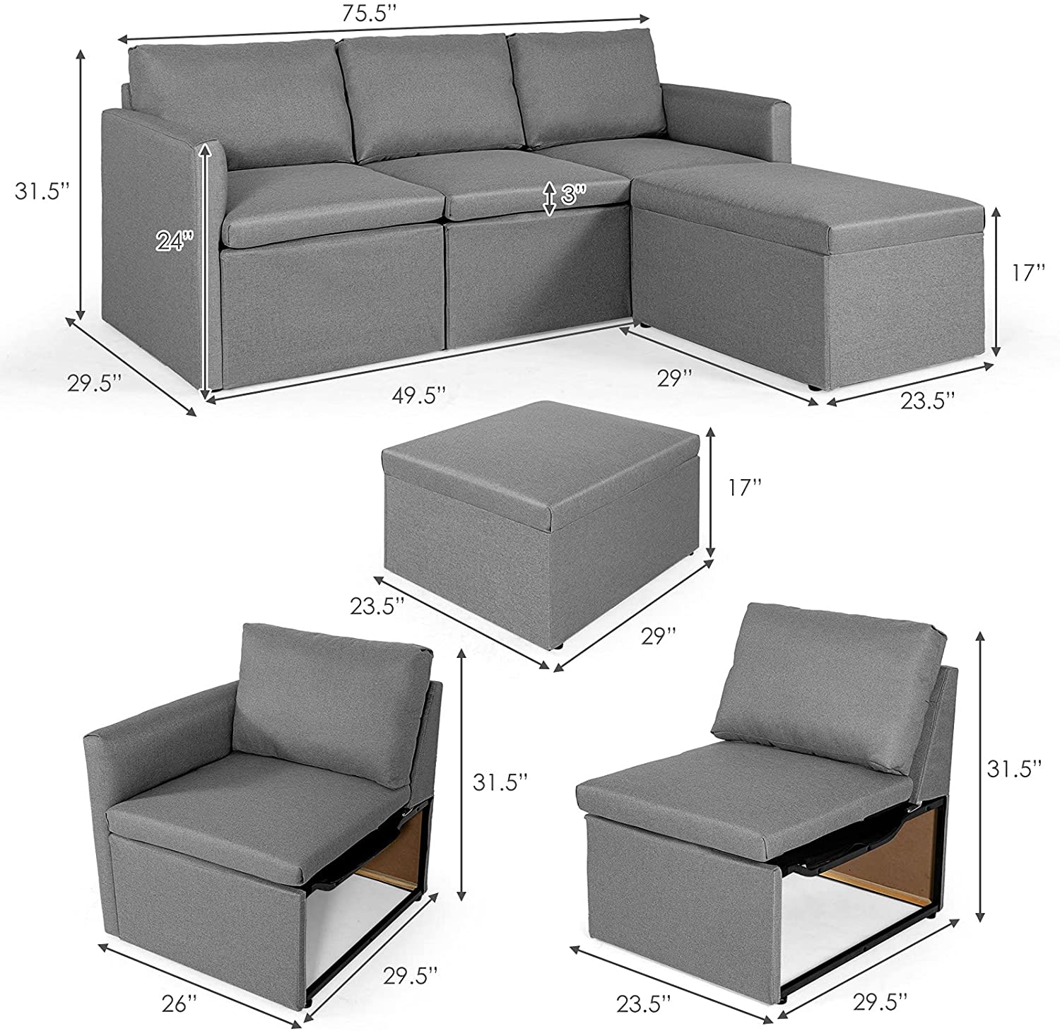 Convertible Sectional Sofa Couch, Modern L-Shaped Sectional Couch 3-Seat Sofa