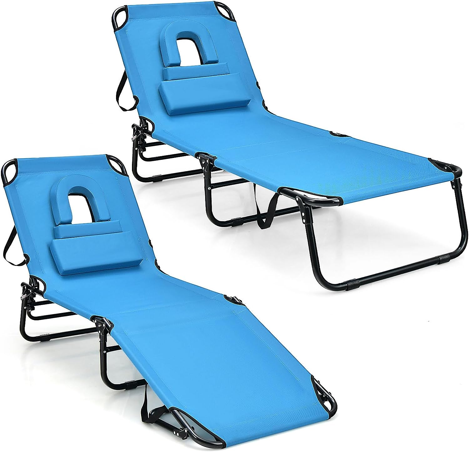 Giantex Folding Beach Tanning Chair - Adjustable Patio Lounge Chair w/Face Hole, Removable Pillows, Carry Strap