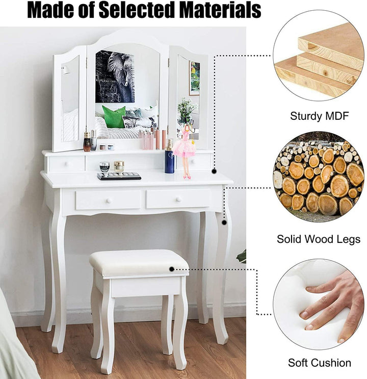 Vanity Table Set with Tri-Folding Mirror and 4 Drawers - Giantexus