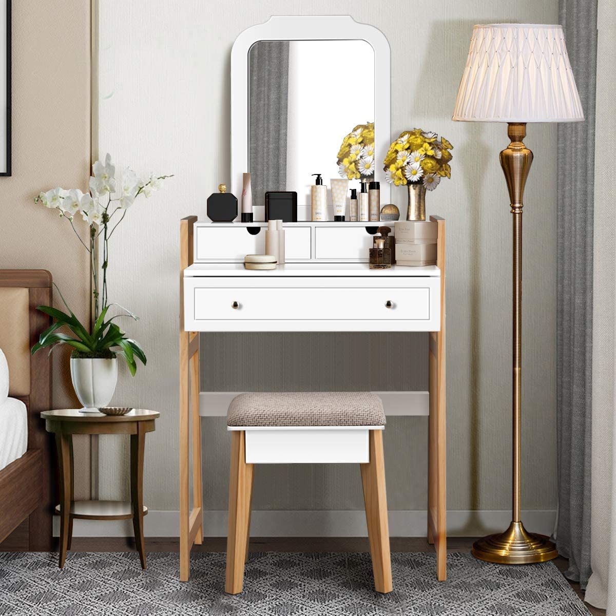 CHARMAID Vanity Set with 2-Tier Tabletop & 3 Drawers, 25inch Dressing Table with Large Mirror and Cushioned Stool - Giantexus