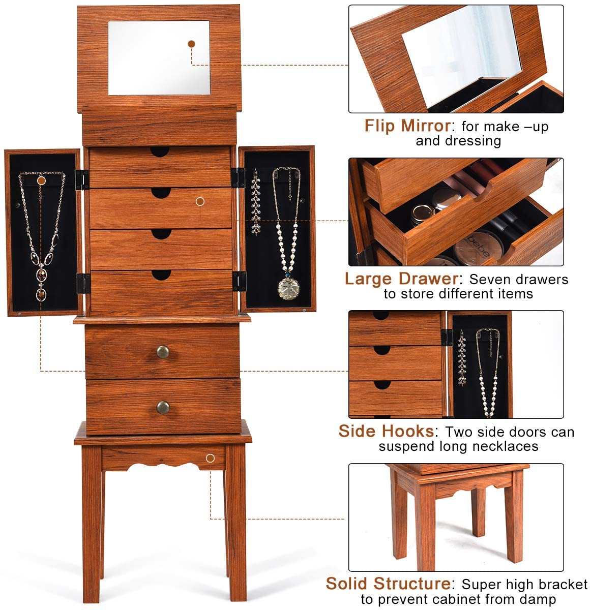 Large Top Storage Compartments Jewelry Cabinet (Honey)
