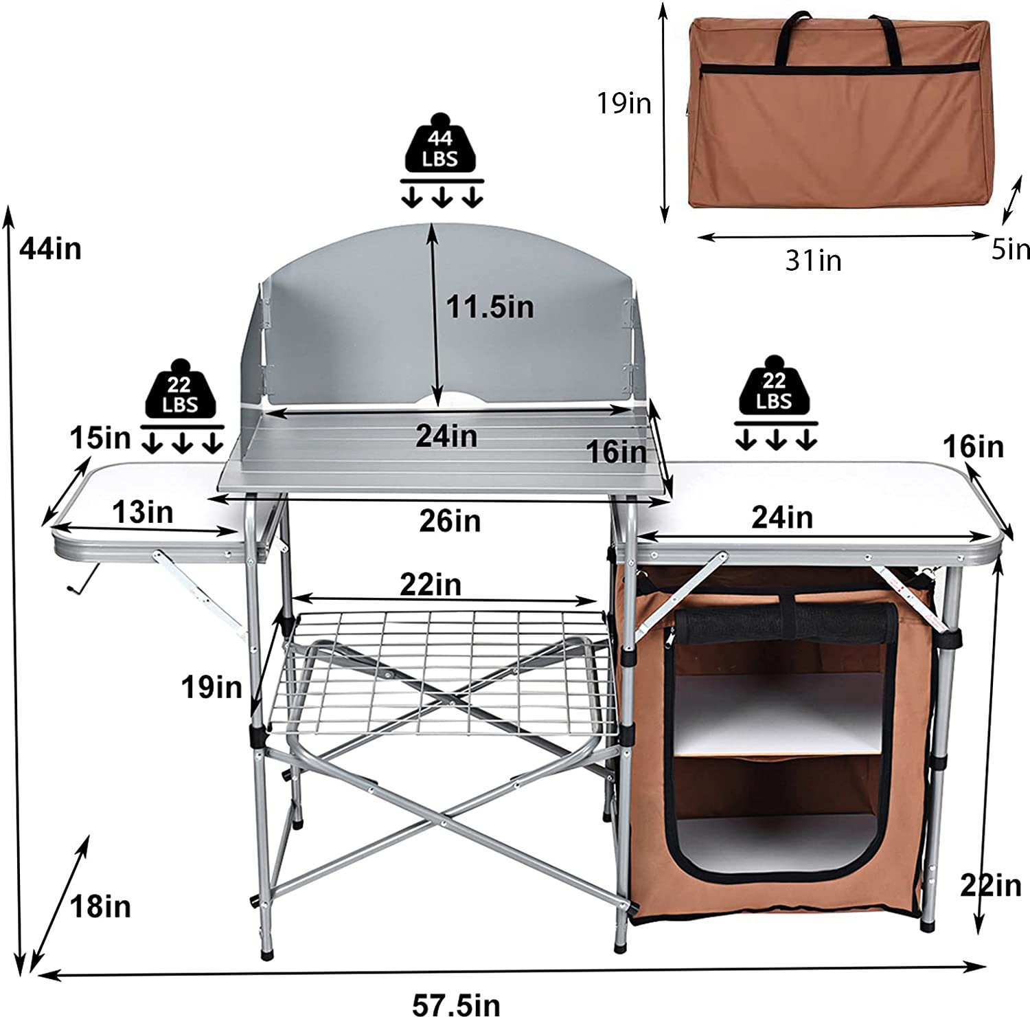 Folding Grill Table with 26'' Tabletop and Detachable Windscreen