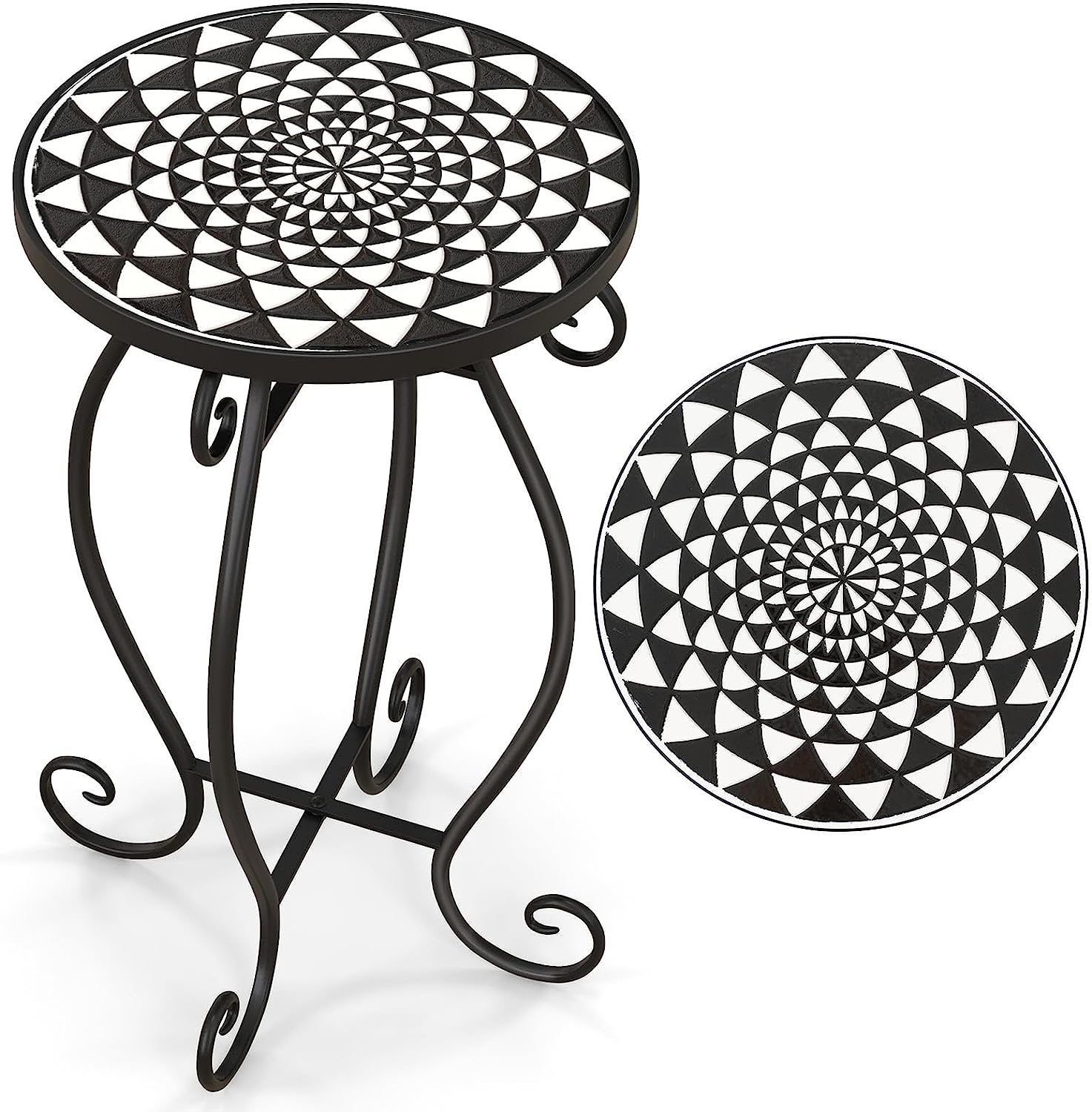 Giantex Folding Mosaic Patio Table, 14'' Outdoor Side Table Round Accent Table Plant Stand with Ceramic Tile Top