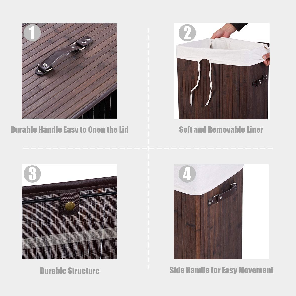 Laundry Hamper Bamboo Laundry Basket, Clothes Hamper with Lid and Removable