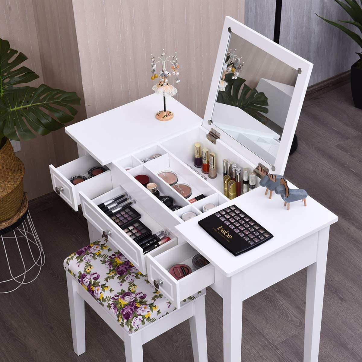 CHARMAID Vanity Set with Flip Top Mirror and 3 Drawers &7 Compartments, White - Giantexus