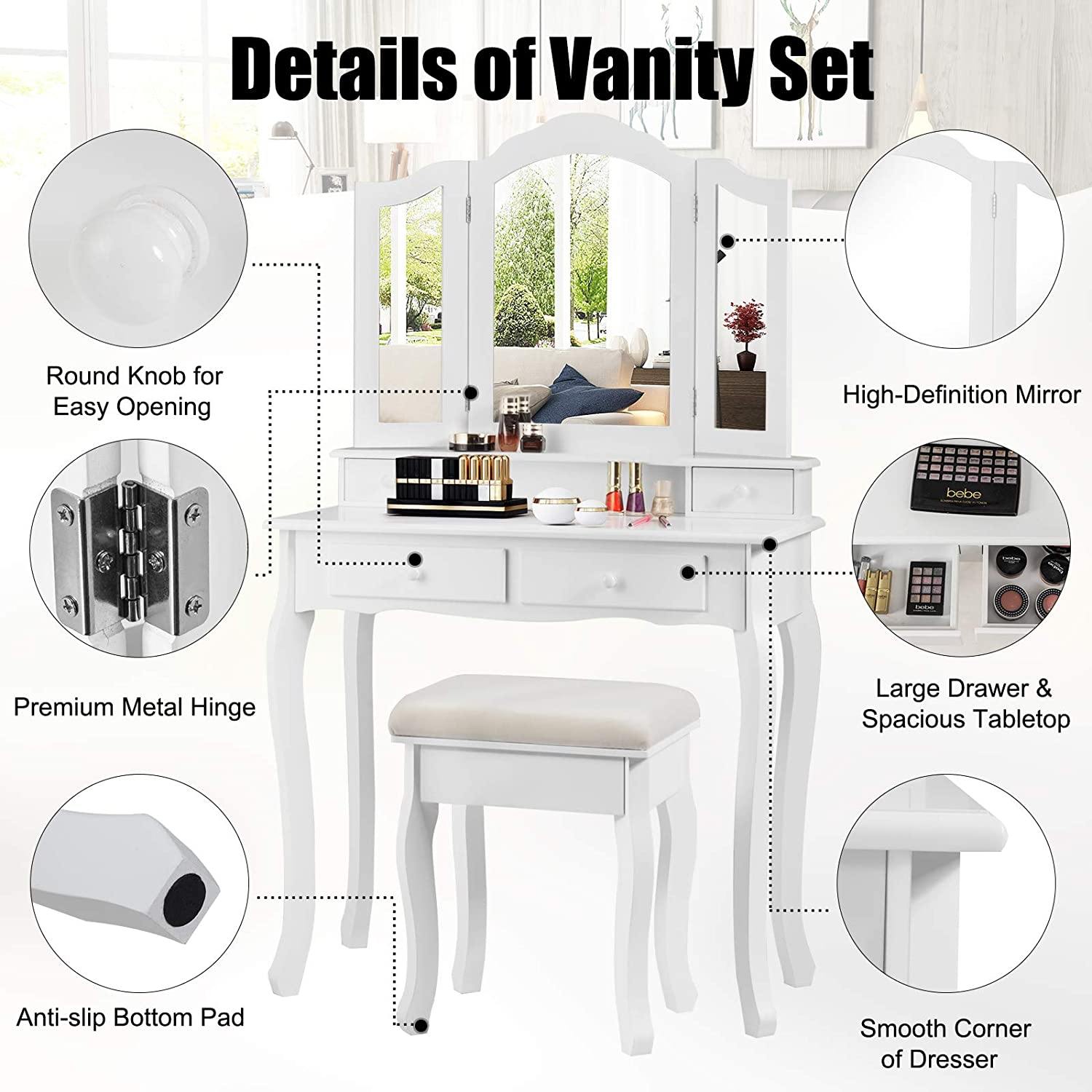 Vanity Table Set with Tri-Folding Mirror and 4 Drawers - Giantexus