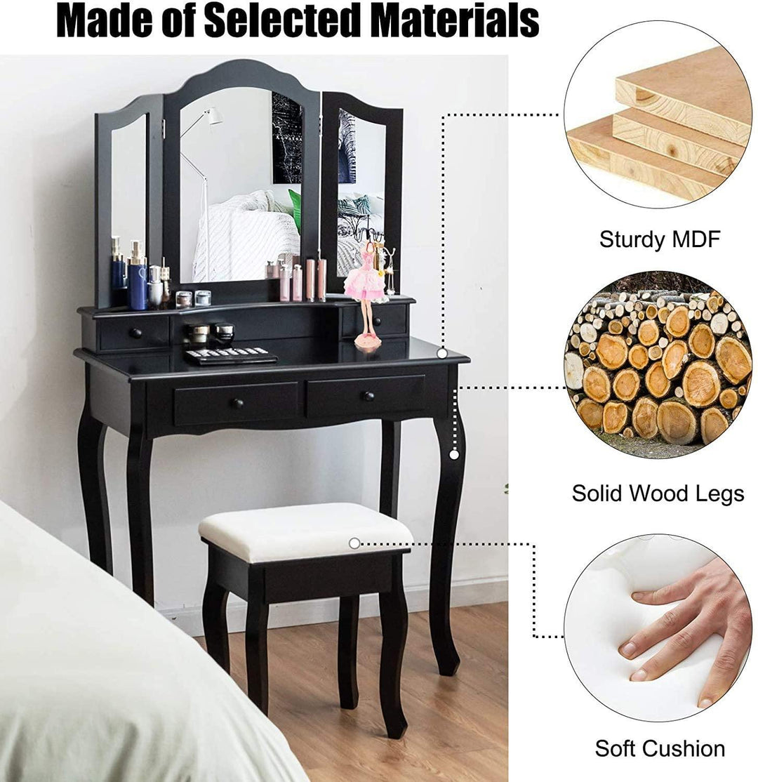 Vanity Table Set with Tri-Folding Mirror and 4 Drawers - Giantexus
