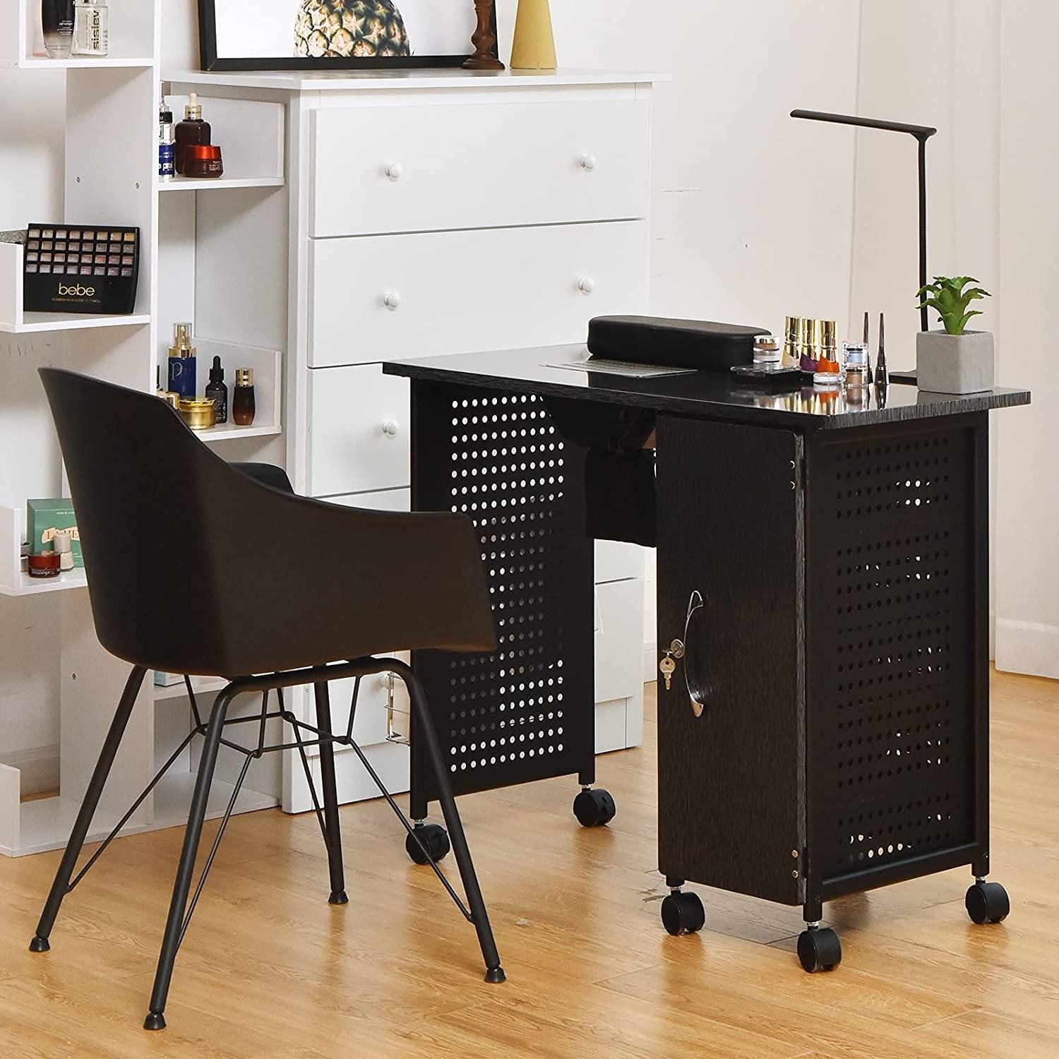 Nail Desk Manicure Table Steel Frame Nail Tables for Technician (Pure Black) - Giantexus