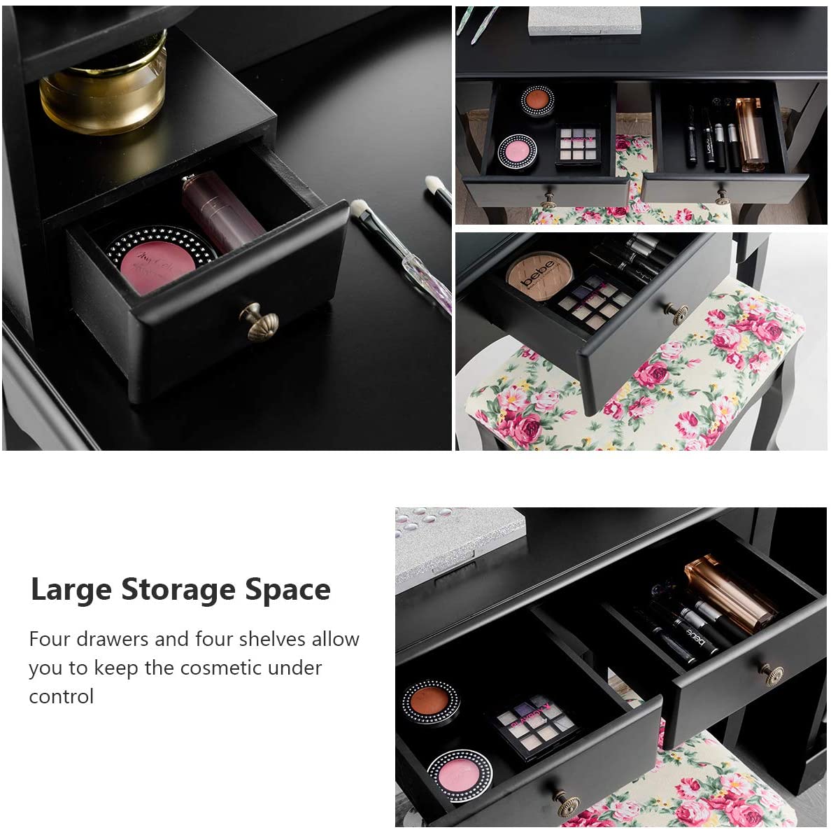 CHARMAID | Vanity Set with 4 Storage shelves and 4 Drawers, Makeup Table with 360?? Pivoted Round Mirror and Makeup Organizers - Giantexus
