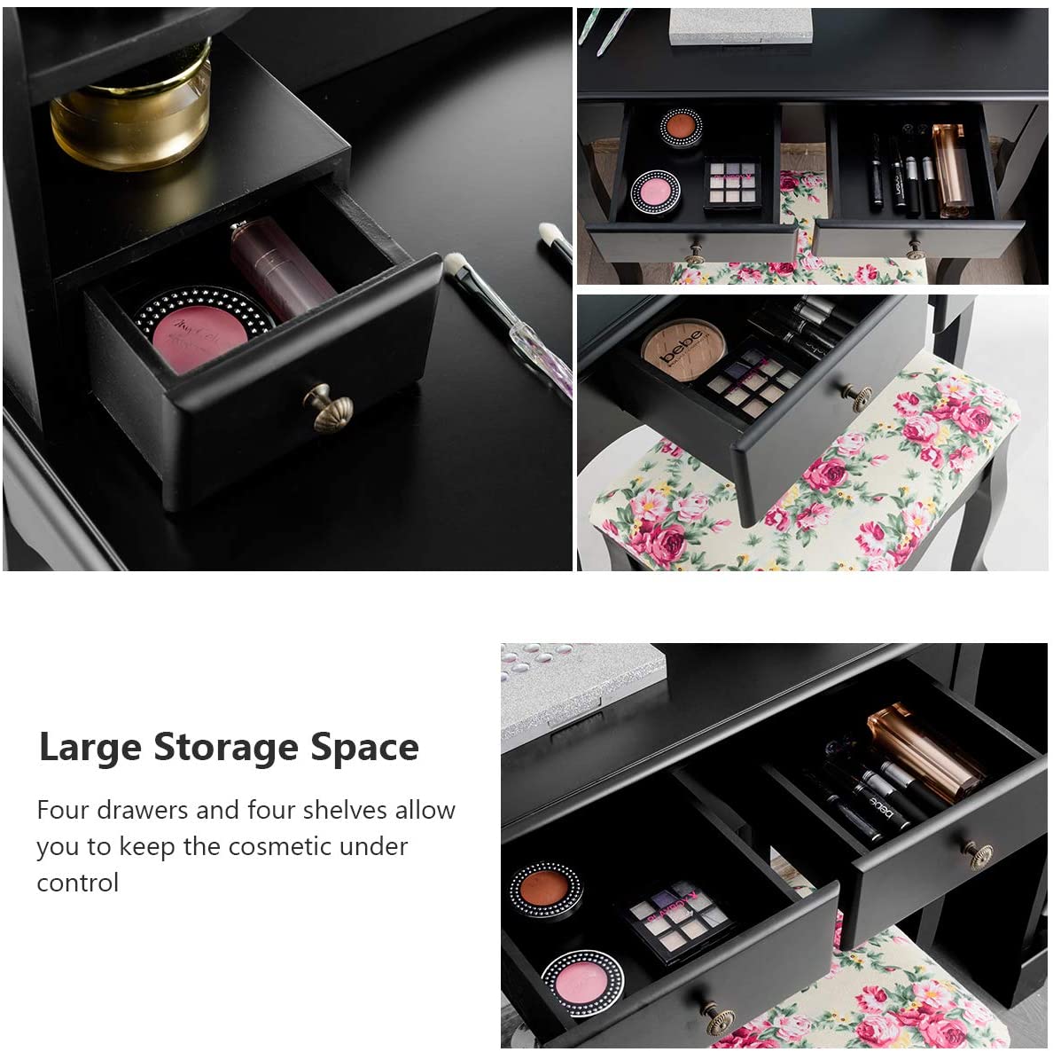 CHARMAID | Vanity Set with 4 Storage shelves and 4 Drawers, Makeup Table with 360?? Pivoted Round Mirror and Makeup Organizers - Giantexus
