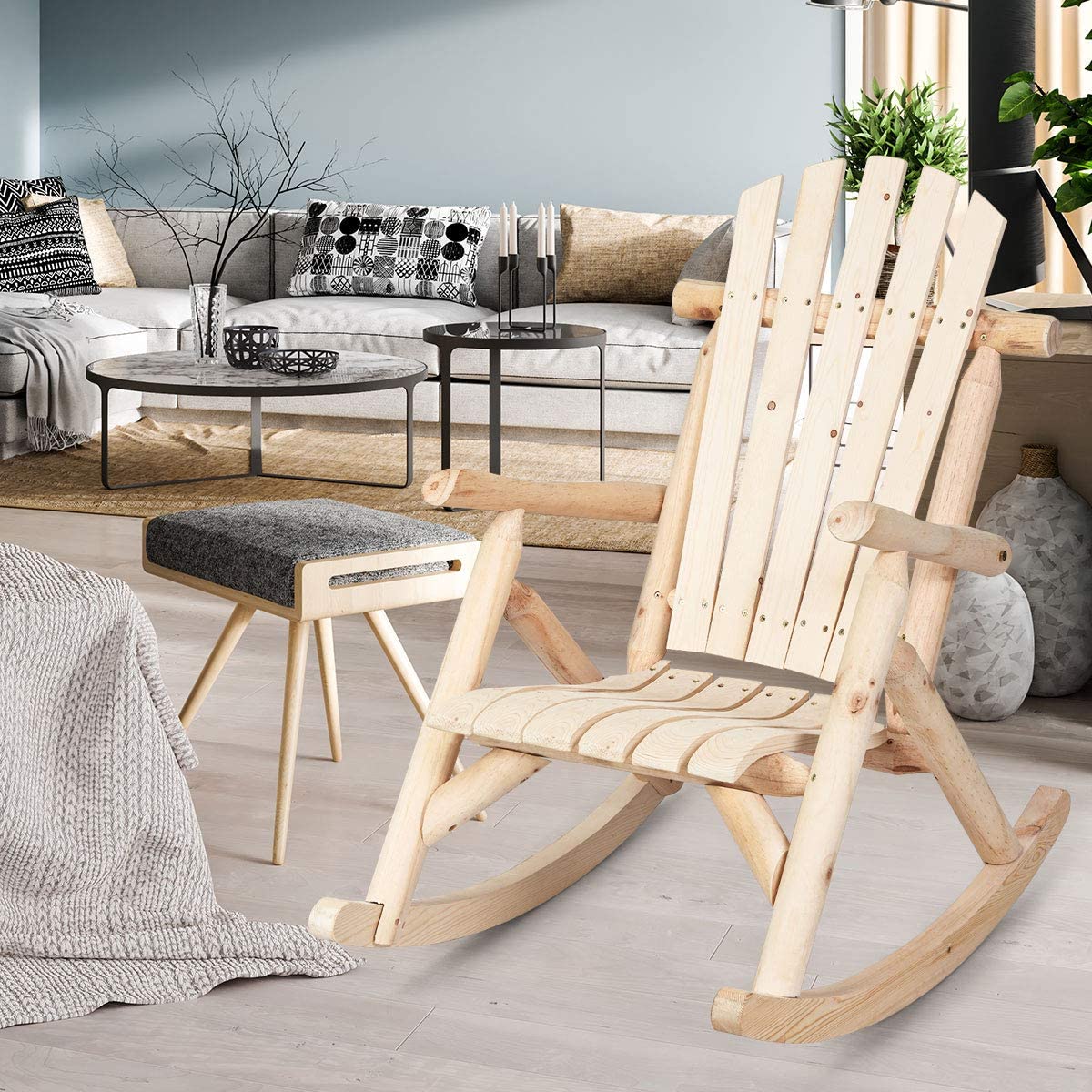 Log Rocking Chair Wood Porch & Patio Rocker for Deck Balcony