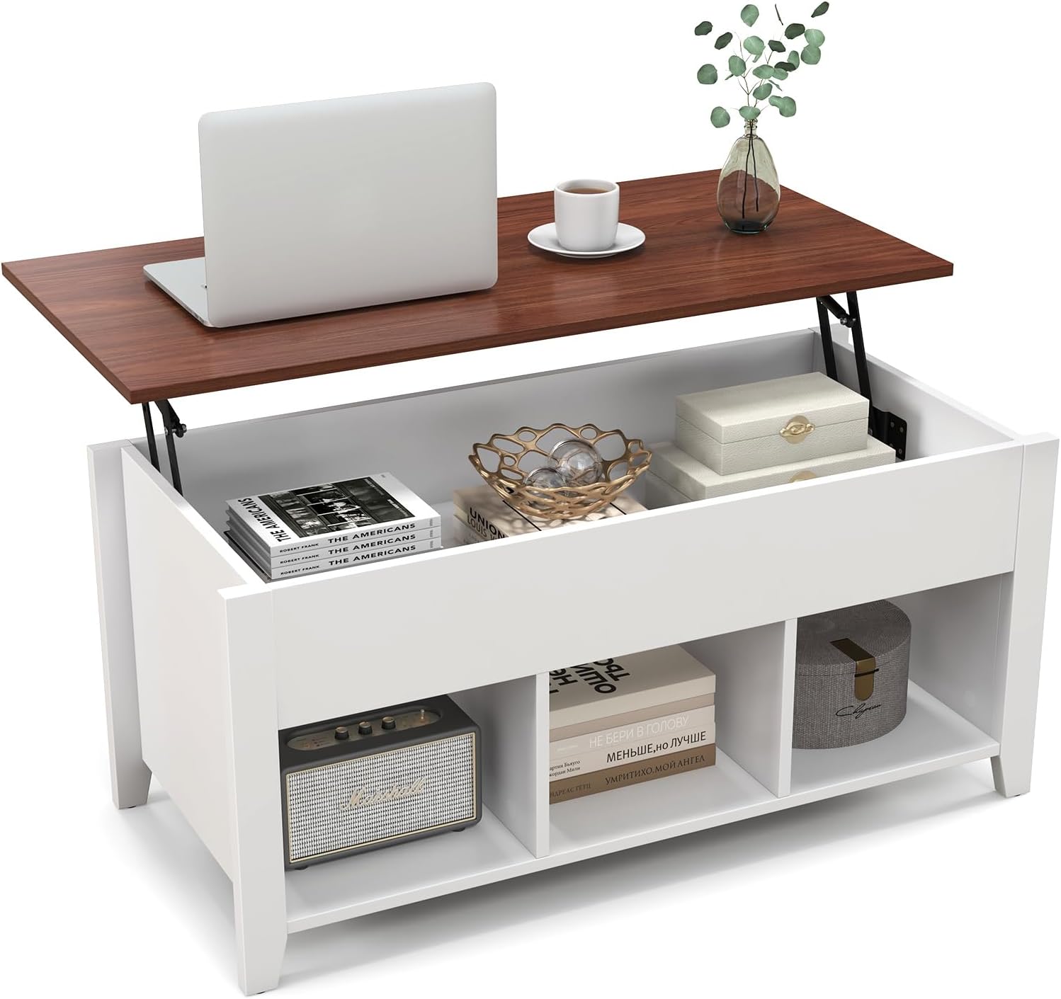 Giantex Lift Top Coffee Table - Rectangular Wooden Table w/Hidden Compartment & Open Storage Shelves