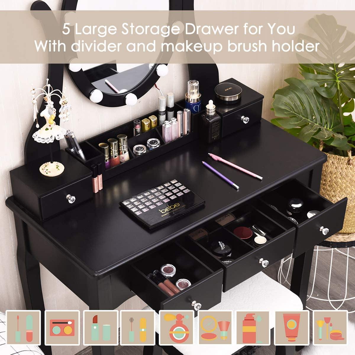 CHARMAID | Vanity Table Set with Lighted Mirror, Makeup Dressing Table with 10 LED Lights, Touch Switch, 5 Drawers - Giantexus