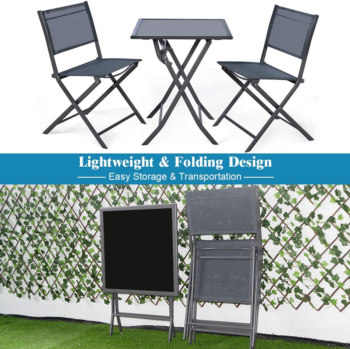Giantex Metal Patio Dining Table and 2 Chairs, 3 Pieces Portable Patio Bistro Set for Garden Backyard Lawn