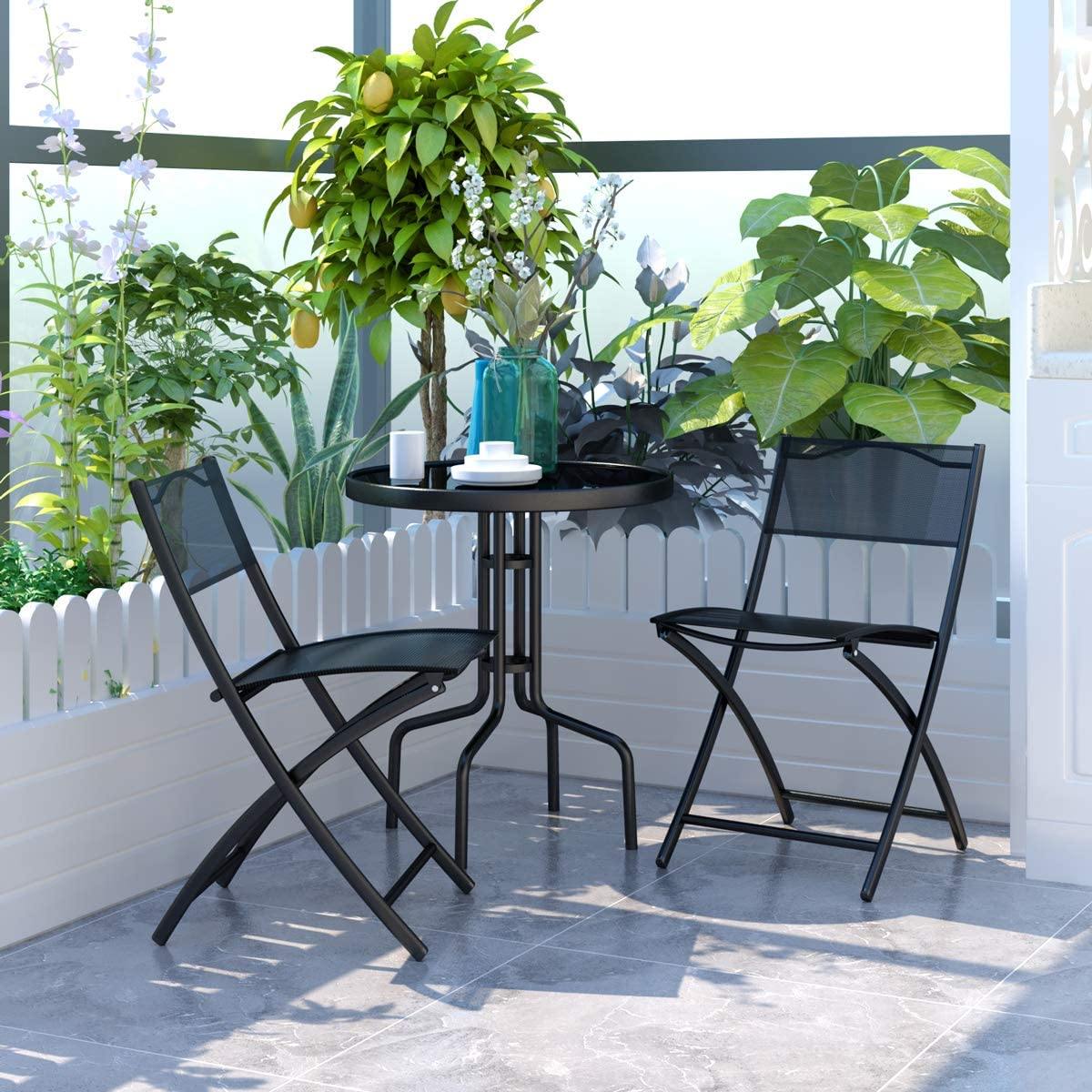 3 Pcs Bistro Set Garden Backyard Round Table Folding Chairs - Giantexus