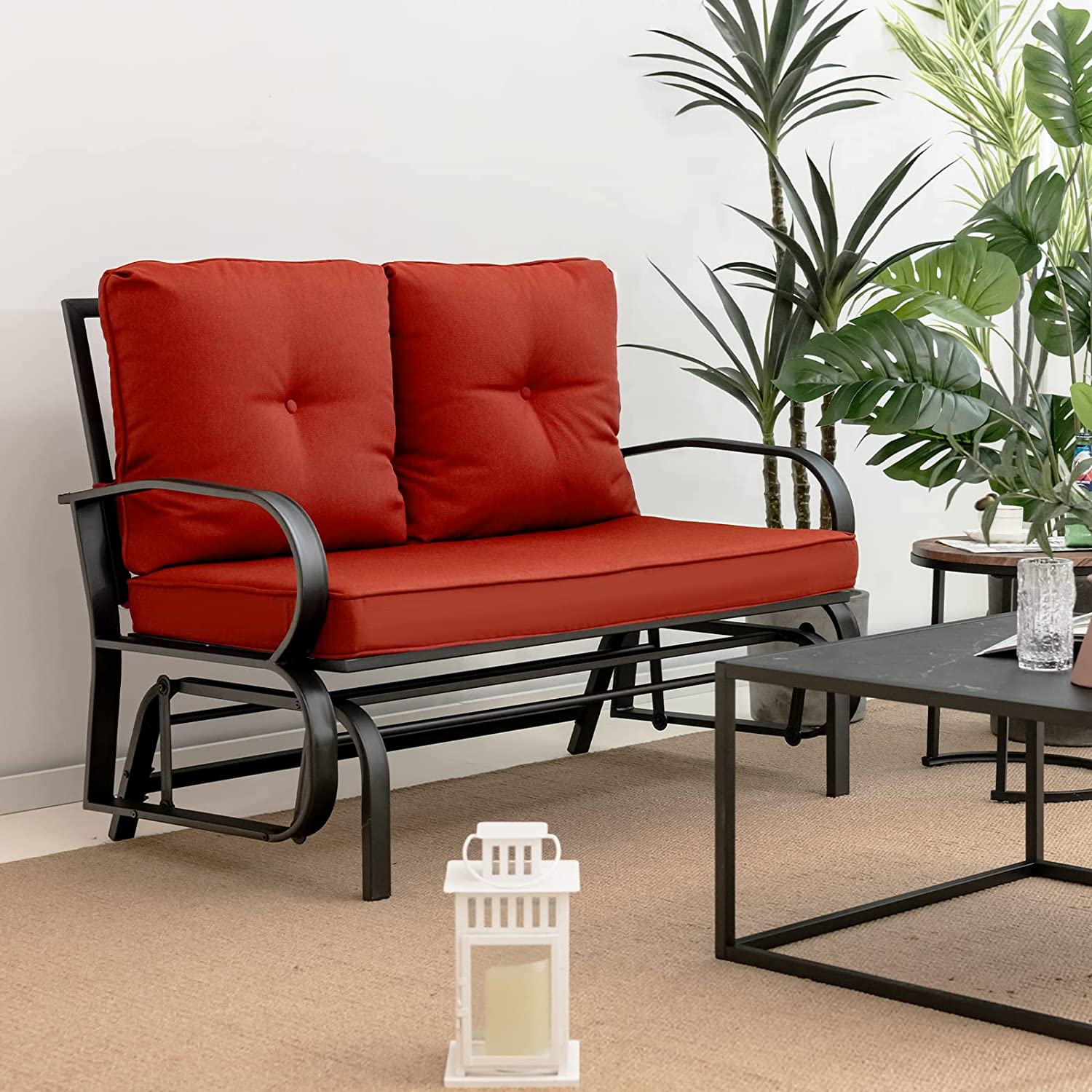 Giantex 2 Seats Glider Bench for Outside, Patio Glider Porch Loveseat w/Cushions & Powder Coated Steel Frame