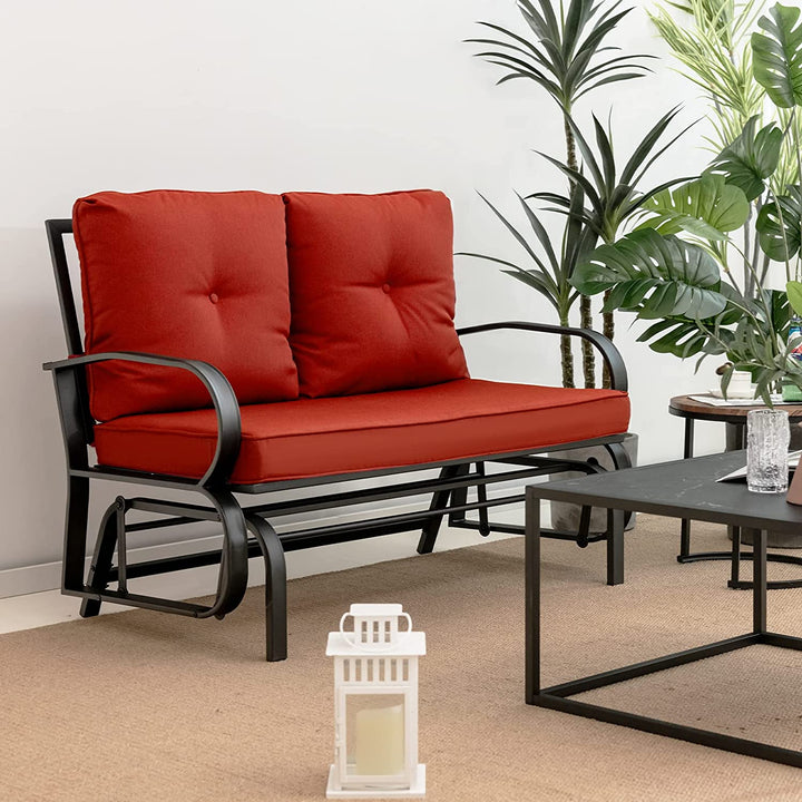 Giantex 2 Seats Glider Bench for Outside, Patio Glider Porch Loveseat w/Cushions & Powder Coated Steel Frame
