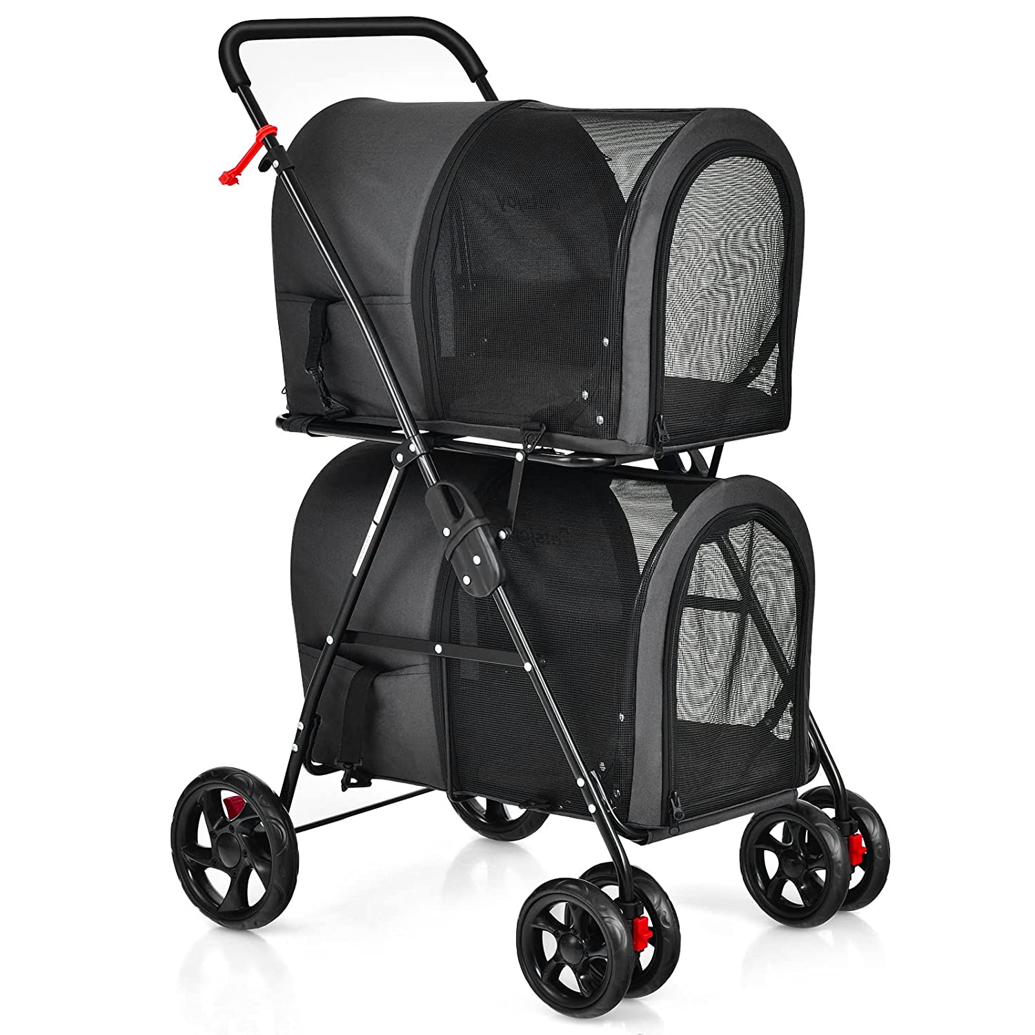 Double Pet Stroller with 2 Detachable Carrier Bags, 4 Lockable Wheels Cat Stroller