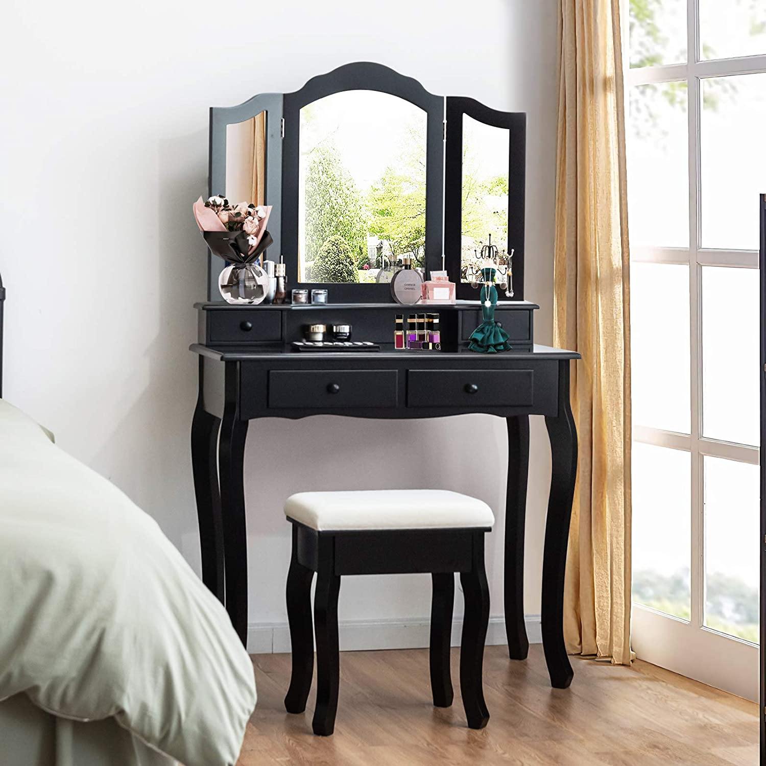 Vanity Table Set with Tri-Folding Mirror and 4 Drawers - Giantexus