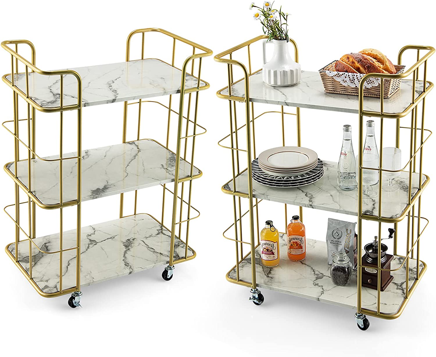 Giantex Gold Bar Cart, Home Island Service Cart, 3 Tier Storage Shelves with Guardrail, White