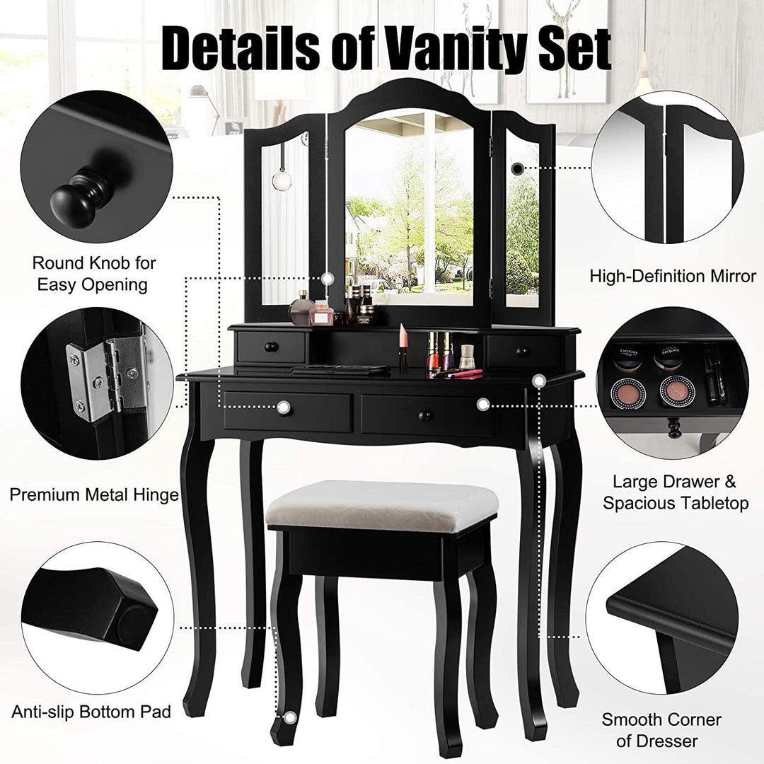 Vanity Table Set with Tri-Folding Mirror and 4 Drawers - Giantexus