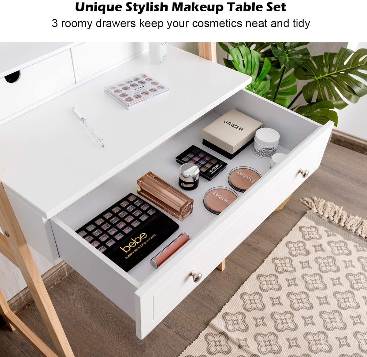CHARMAID Vanity Set with 2-Tier Tabletop & 3 Drawers, 25inch Dressing Table with Large Mirror and Cushioned Stool - Giantexus