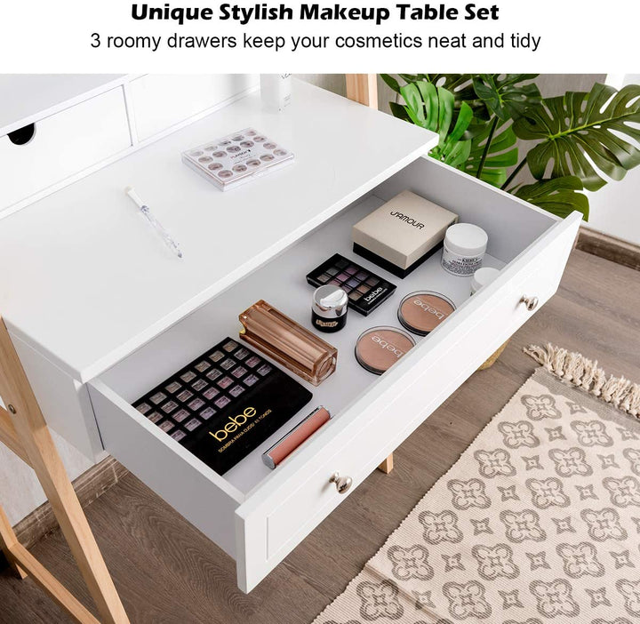 CHARMAID Vanity Set with 2-Tier Tabletop & 3 Drawers, 25inch Dressing Table with Large Mirror and Cushioned Stool - Giantexus