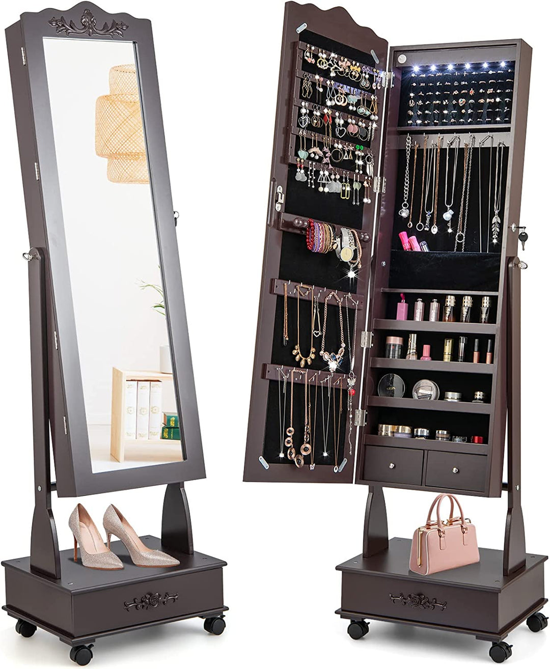 CHARMAID 6 LEDs Rolling Jewelry Cabinet with High Full Length Mirror, Lockable Standing Jewelry Armoire with Wheels