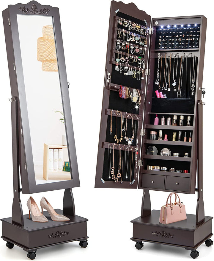 CHARMAID 6 LEDs Rolling Jewelry Cabinet with High Full Length Mirror, Lockable Standing Jewelry Armoire with Wheels