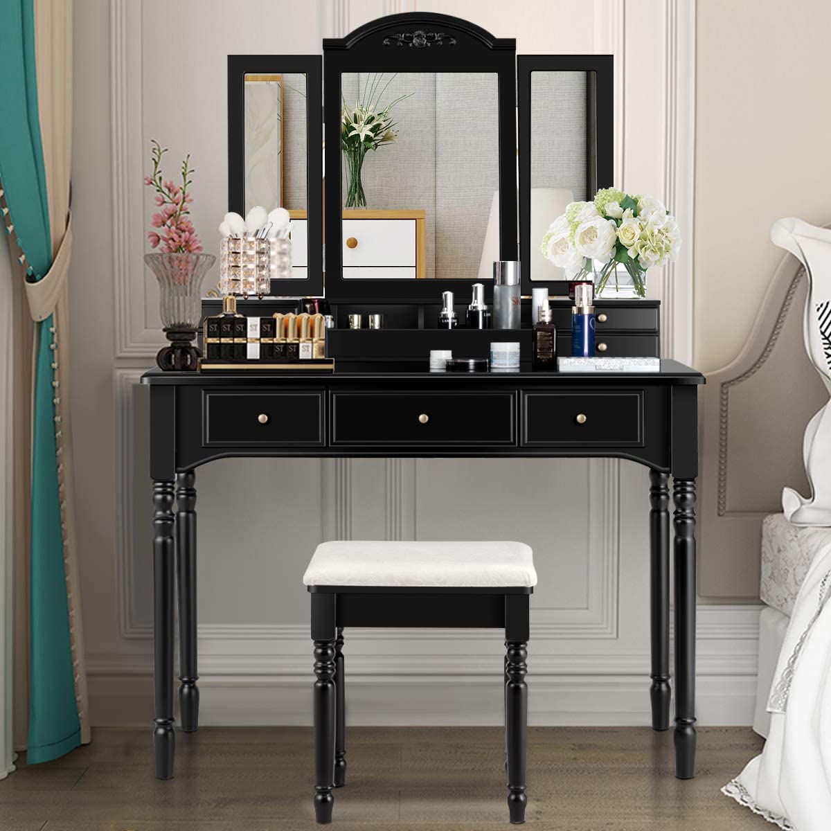 Vanity Set with Tri-Folding Mirror & 8 Necklace Hooks, 7 Drawers, 2 Dividers, 6 Desktop Makeup Organizers - Giantexus