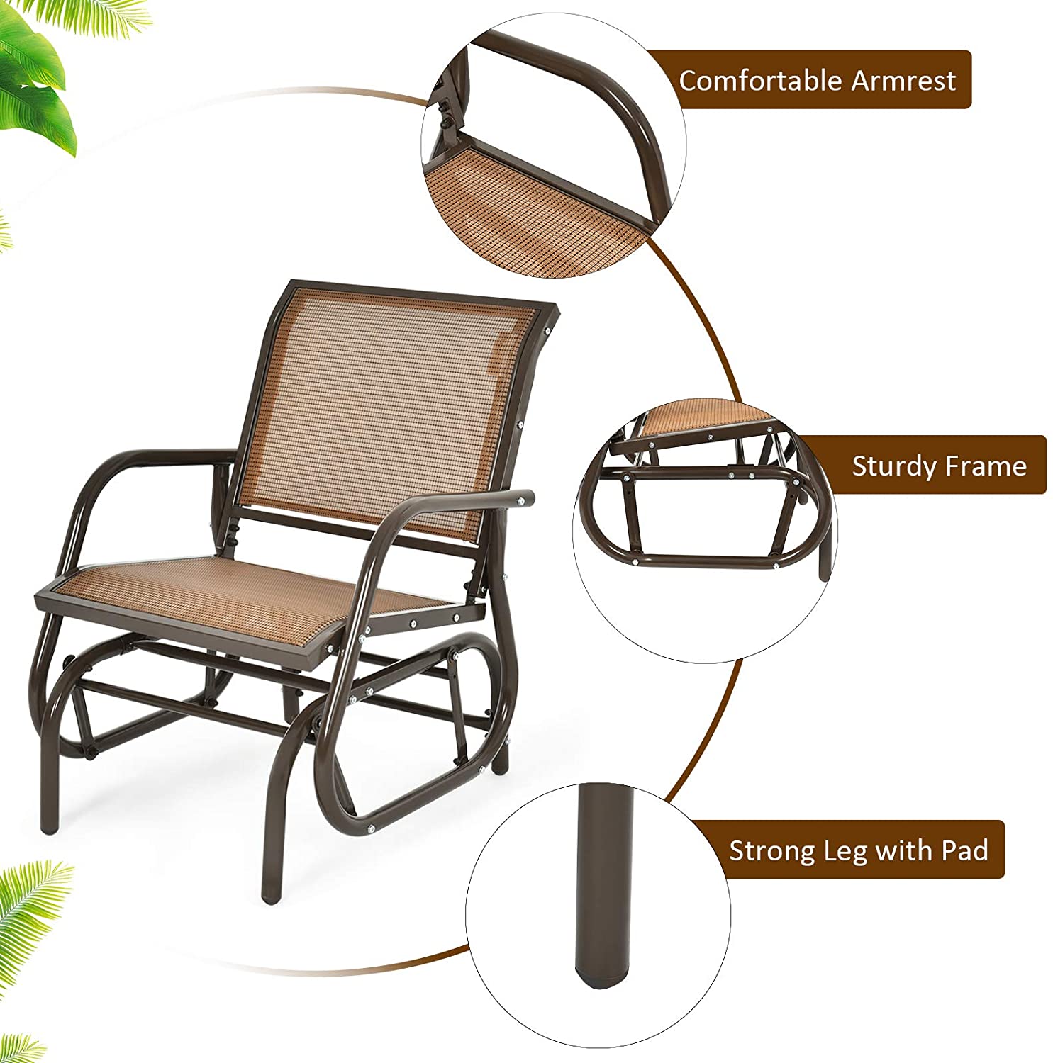 Swing Glider Chair W/Study Metal Frame Comfortable Patio Chair