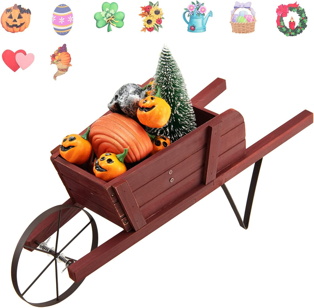 Giantex Wooden Wagon Planter, Small Wheelbarrow Wagon Flower, Indoor & Outdoor Raised Bed
