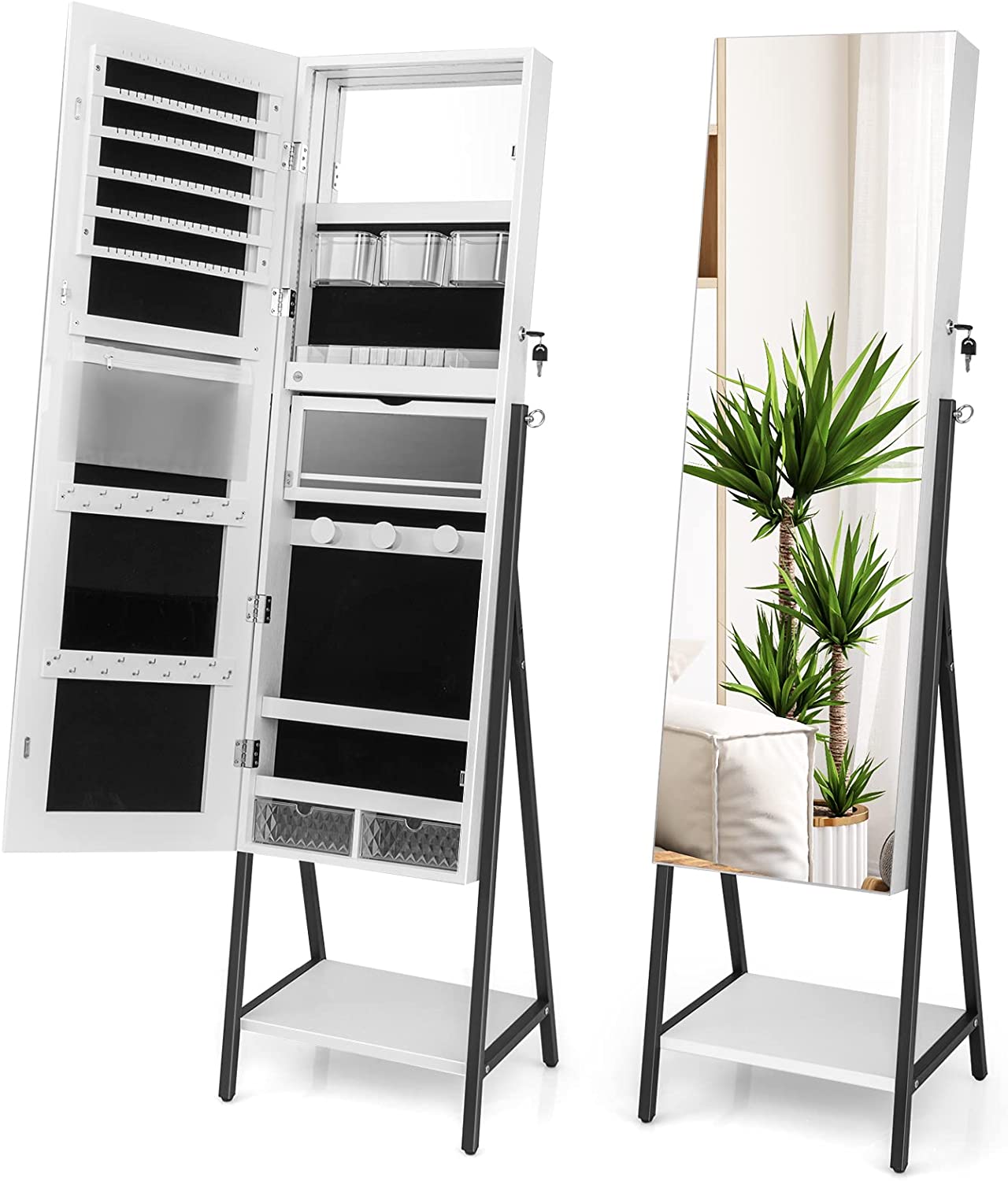 CHARMAID LED Strip Jewelry Armoire with 47.2"H Full Length Mirror, Lockable Jewelry Cabinet Organizer