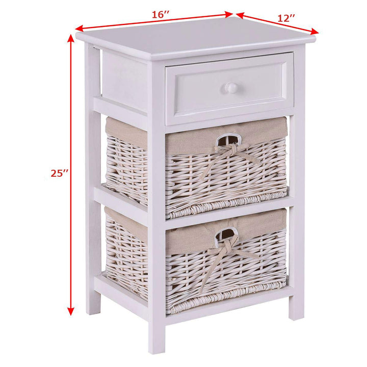 Giantex Wooden Nightstand 3 Tiers W/ 2 Baskets and 1 Drawer Bedside Sofa Storage Organizer