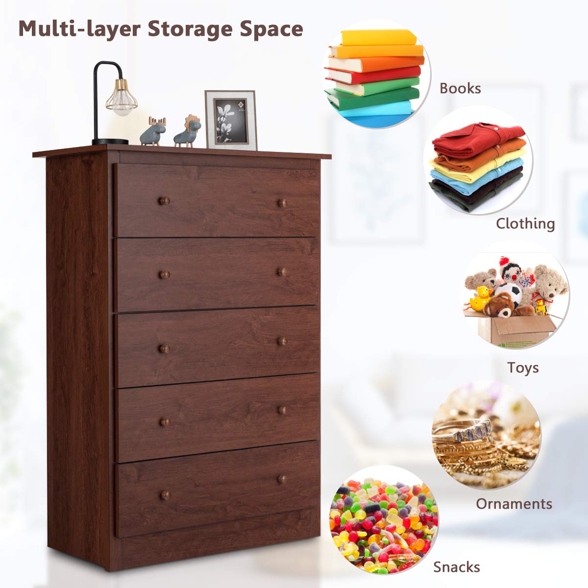 Giantex 5 Drawer Chest, Storage Dresser, Wooden Clothes Organizer