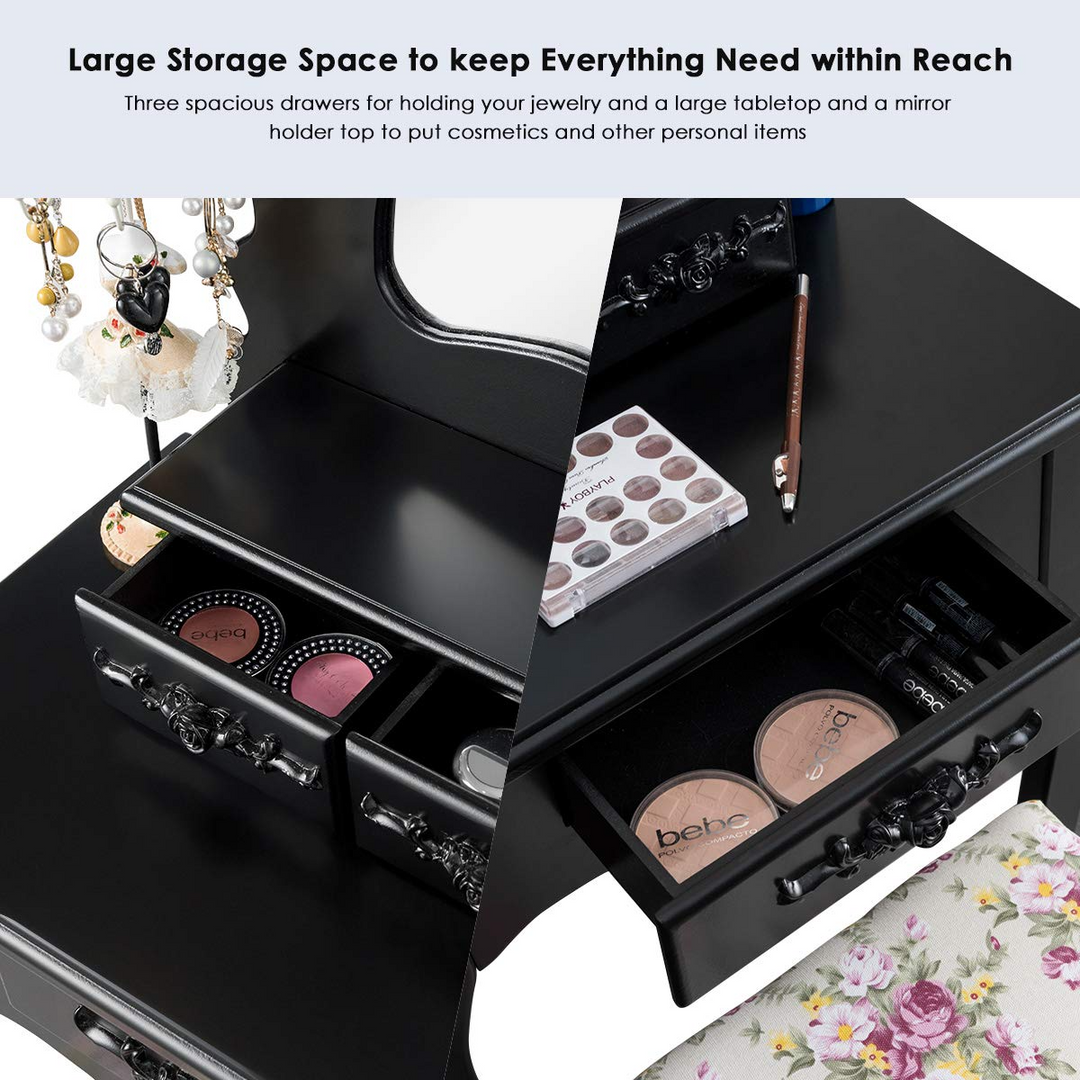 Vanity Set with 3 Drawers and Cushioned Stool