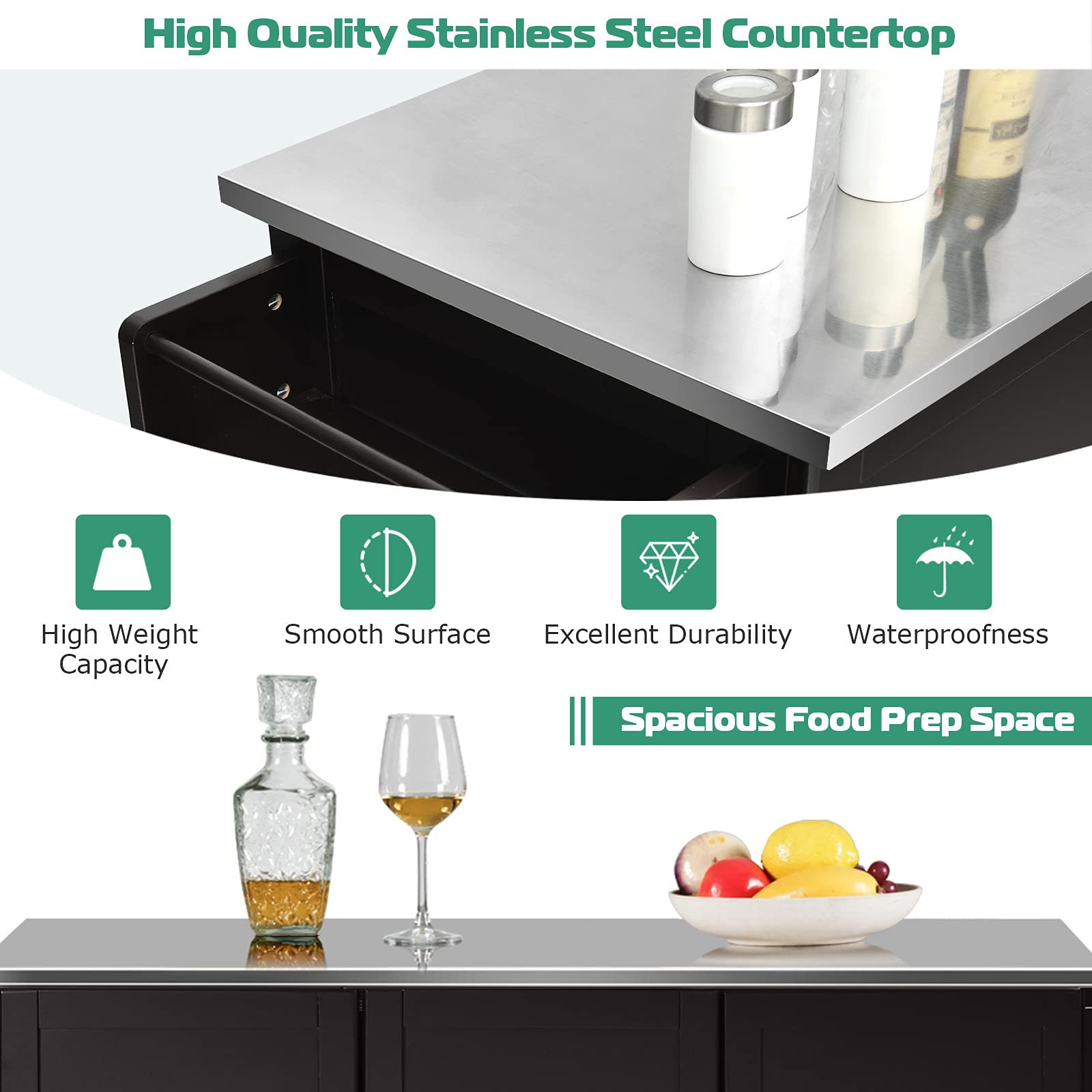 Giantex Kitchen Island with Stainless Steel Countertop, Dark Brown